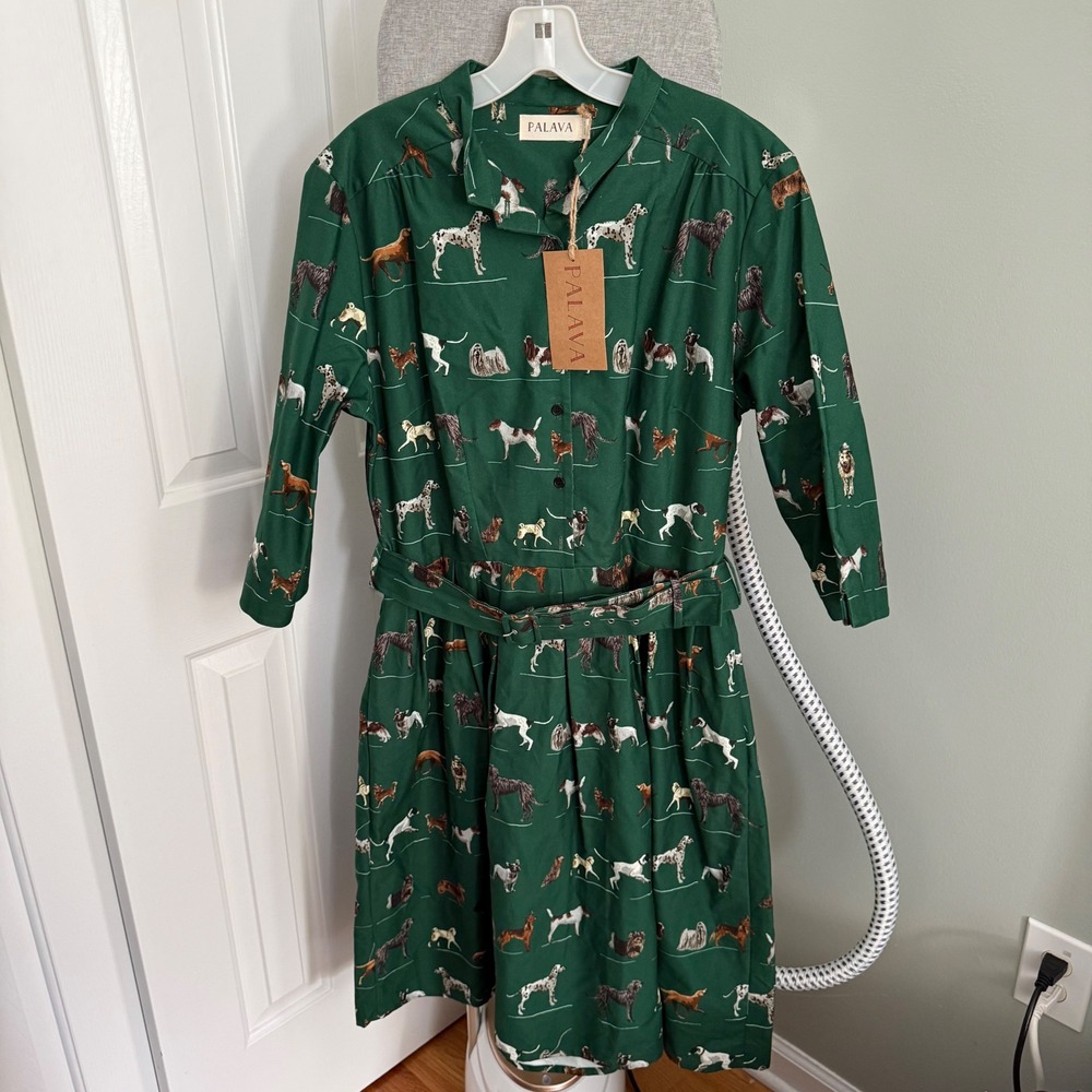 Palava 100% Organic Cotton Cynthia Porcelain Dogs Shirt Dress US 12 UK Made